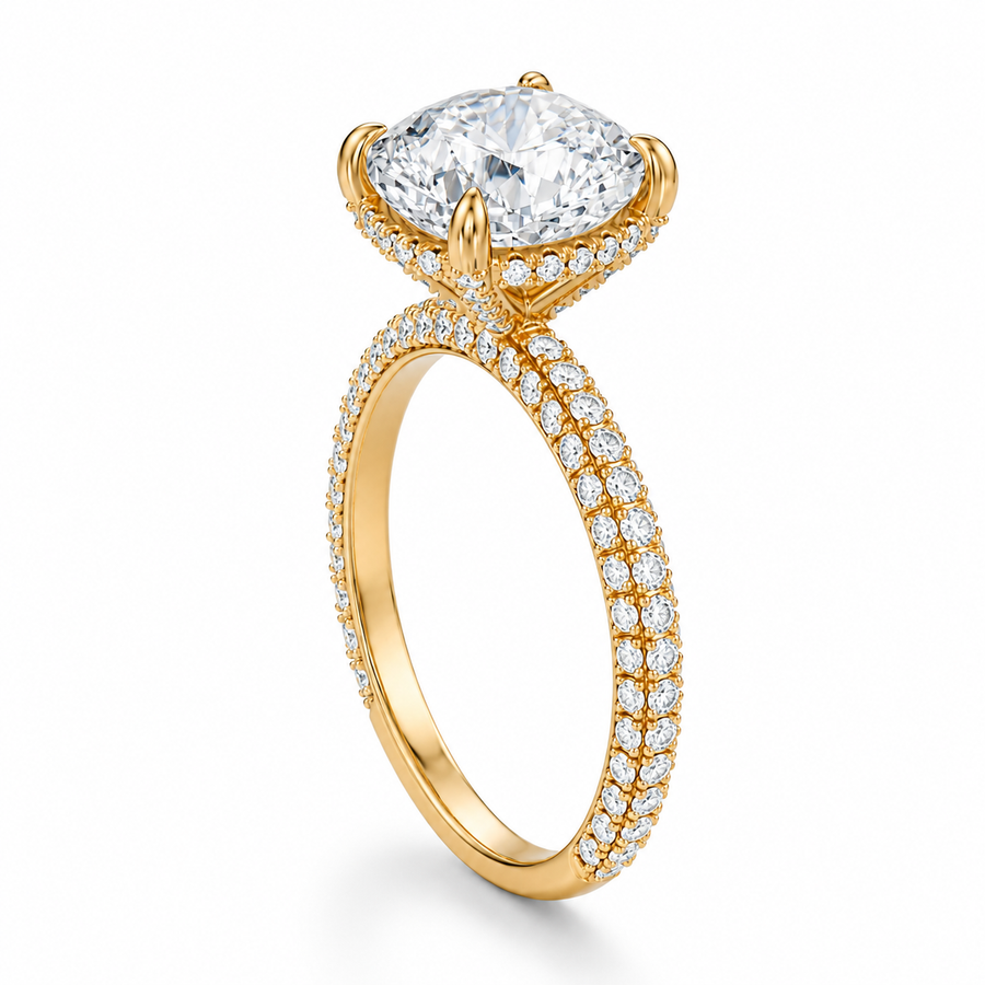 Cushion Diamond Basket With Three Row Pave Ring