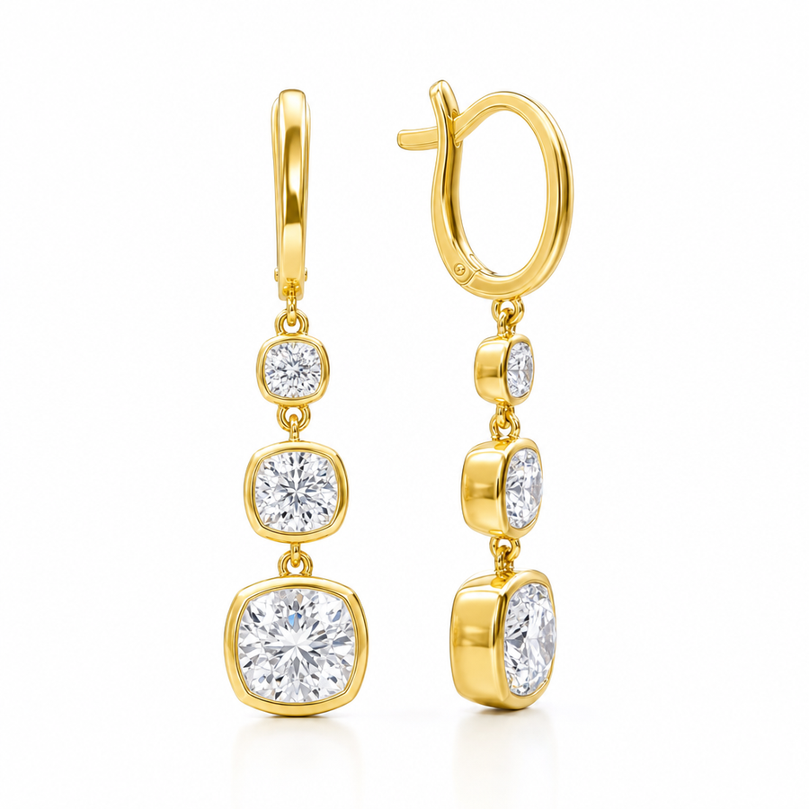 4 Carat Cushion Three Stone Lab Grown Diamond Drop Earrings