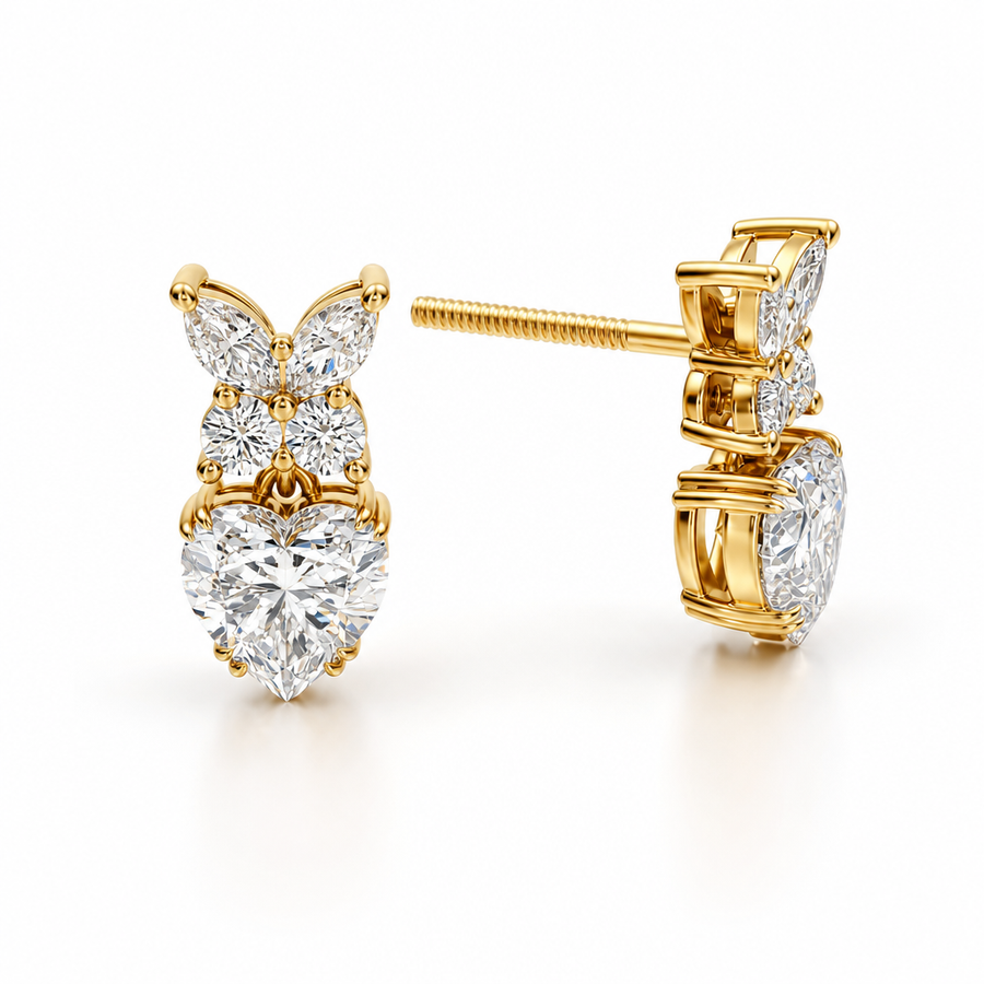 Heart Shape Butterfly Cluster Lab Grown Diamond Stud Earrings