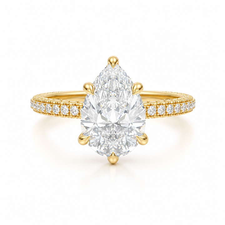 Pear Diamond Basket With Three Row Pave Ring