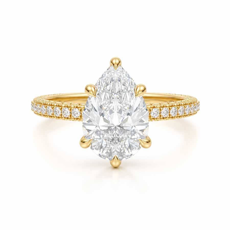 Pear Diamond Basket With Three Row Pave Ring