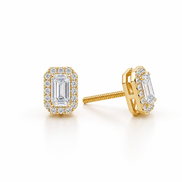 Lab Grown Diamond Emerald Halo Stud Earrings
