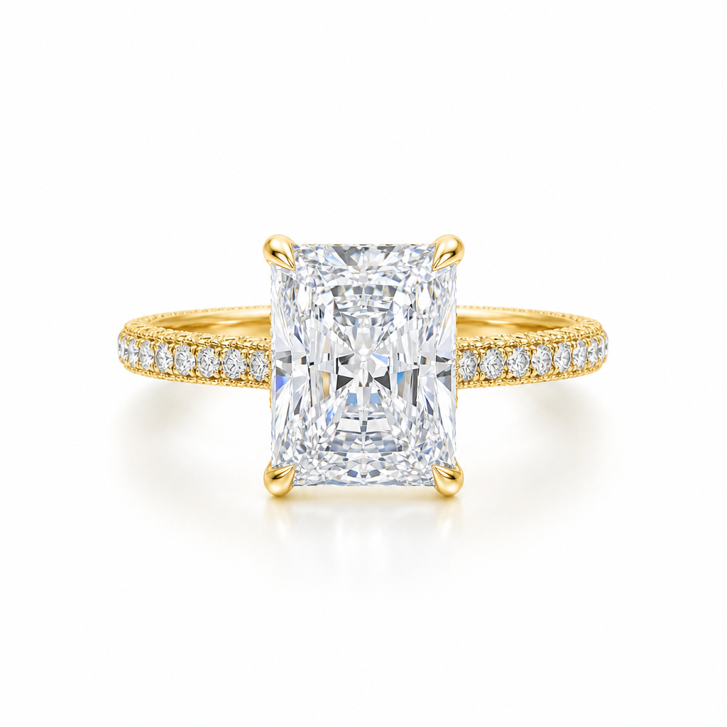 Radiant Diamond Basket With Three Row Pave Ring