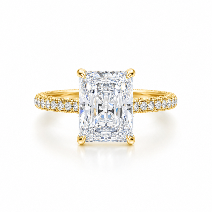 Radiant Diamond Basket With Three Row Pave Ring