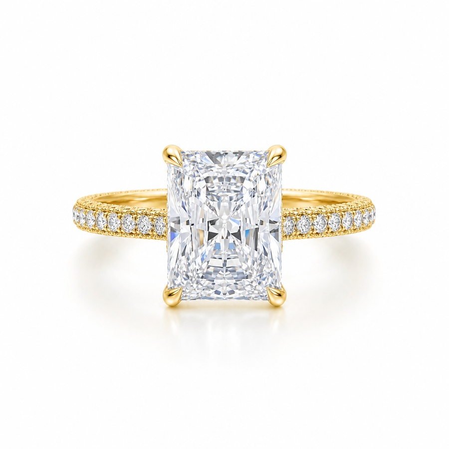 Radiant Diamond Basket With Three Row Pave Ring