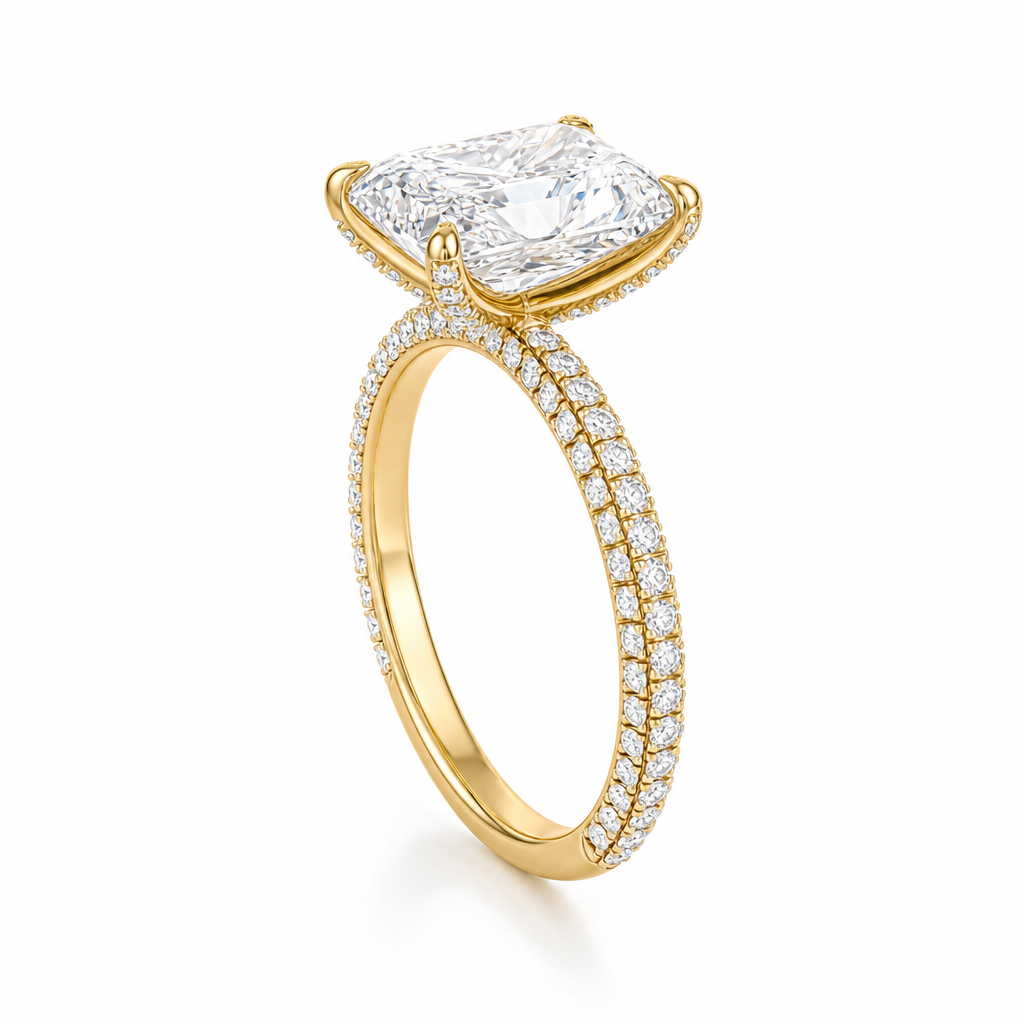 Radiant Three Row Pave Ring With Pave Prongs
