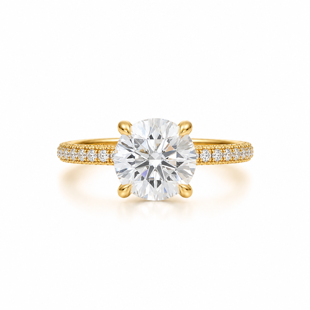 Round Diamond Basket With Three Row Pave Ring