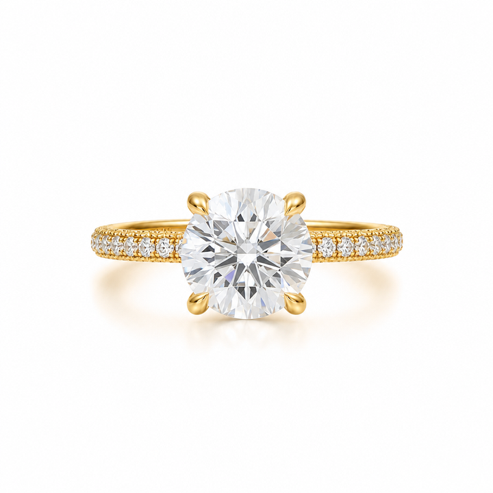 Round Diamond Basket With Three Row Pave Ring