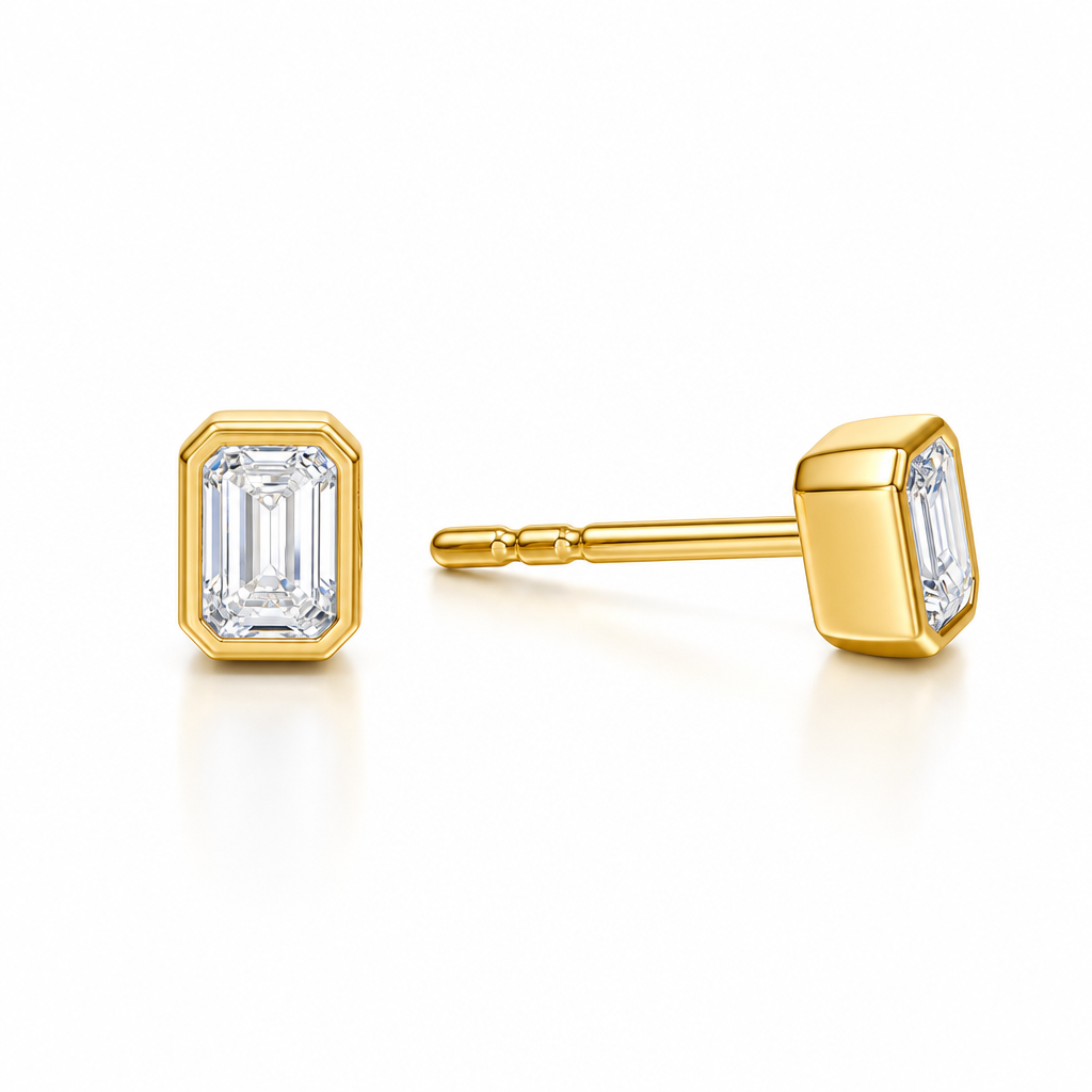 Emerald Bezel Stud Lab Grown Diamond Earrings