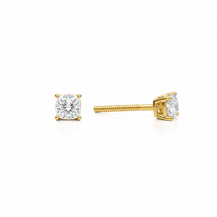 Cushion cut lab-grown diamond stud earrings in 14K gold