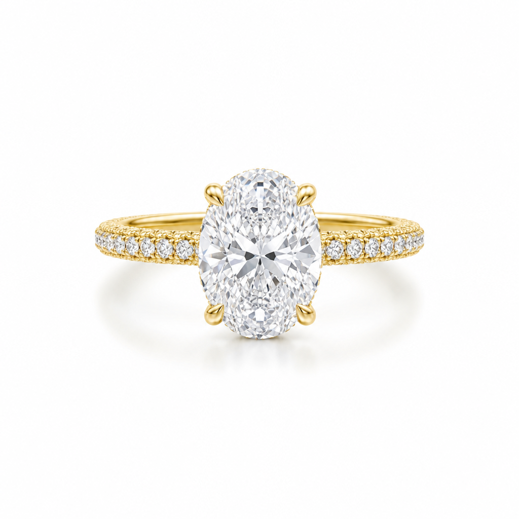 Oval Hidden Halo with Three Row Pave Band