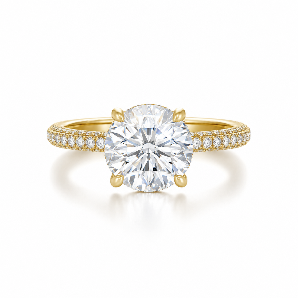 Round Hidden Halo with Three Row Pave Band