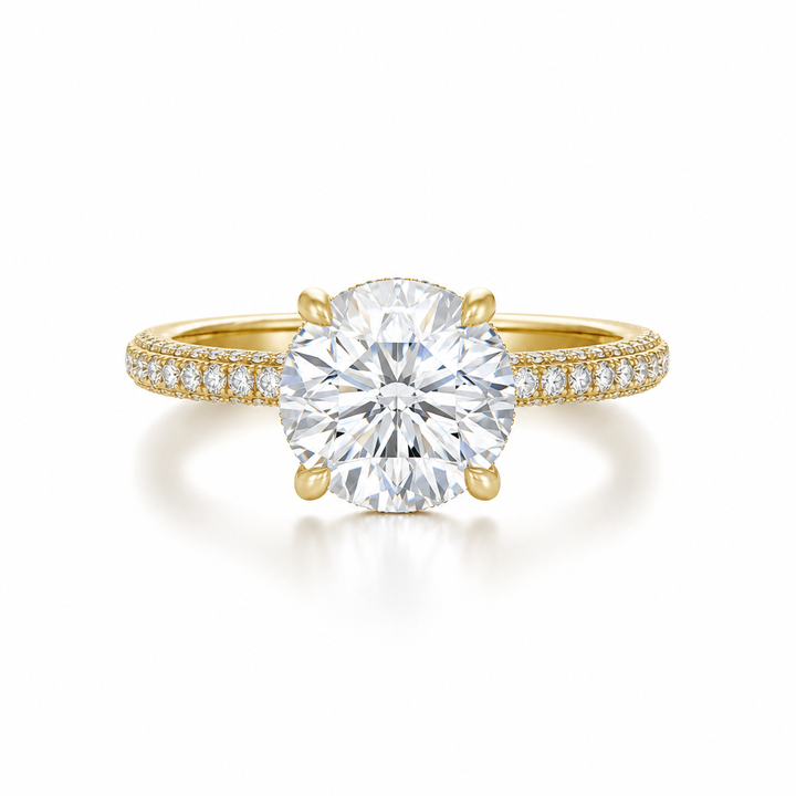 Round Hidden Halo with Three Row Pave Band