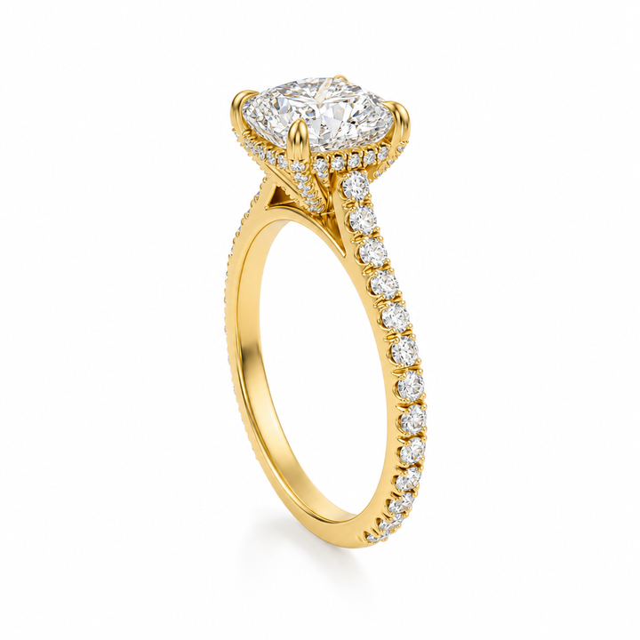 Cushion Pave Cathedral Ring With Diamond Basket
