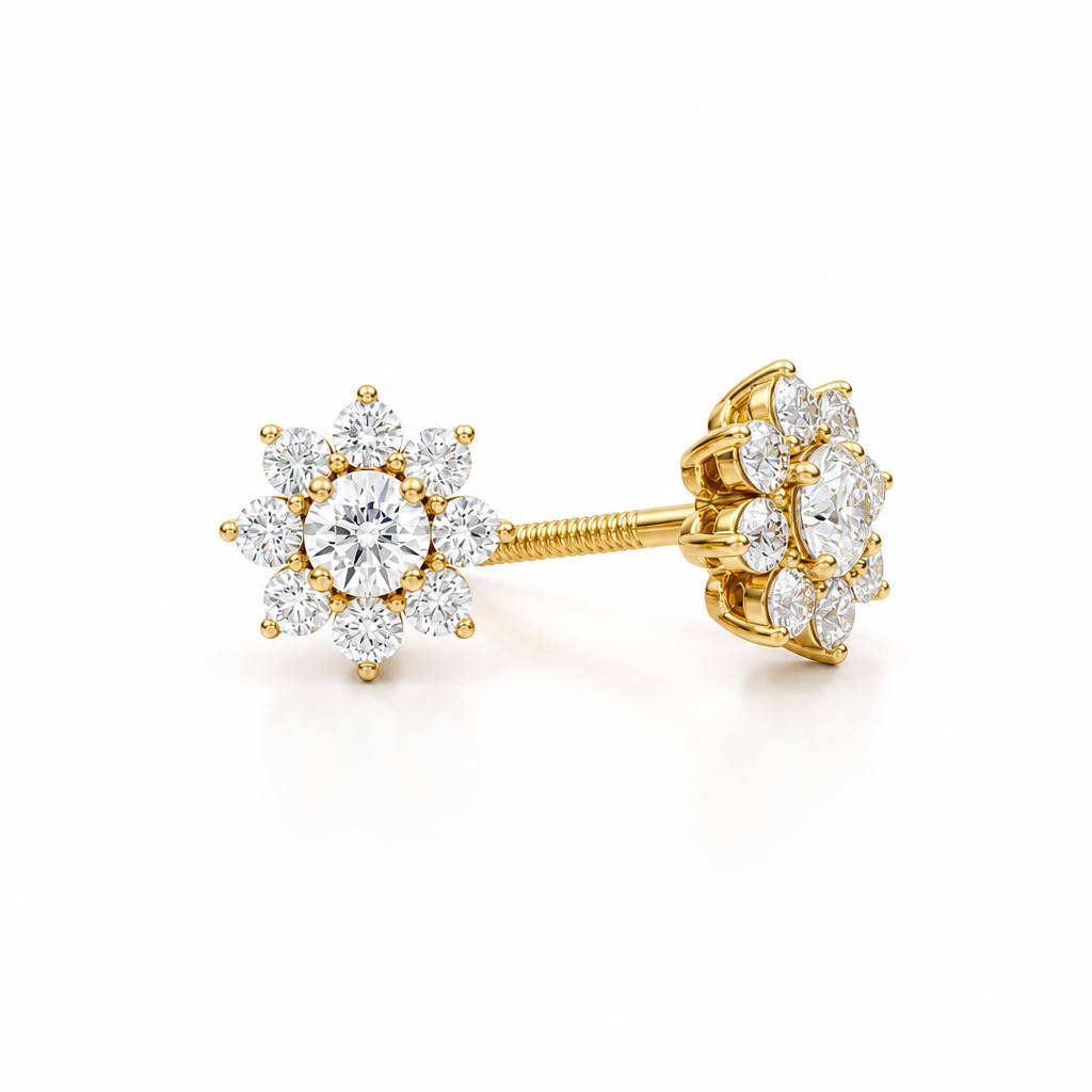 Lab Grown Round Flower Cluster Diamond Stud Earrings