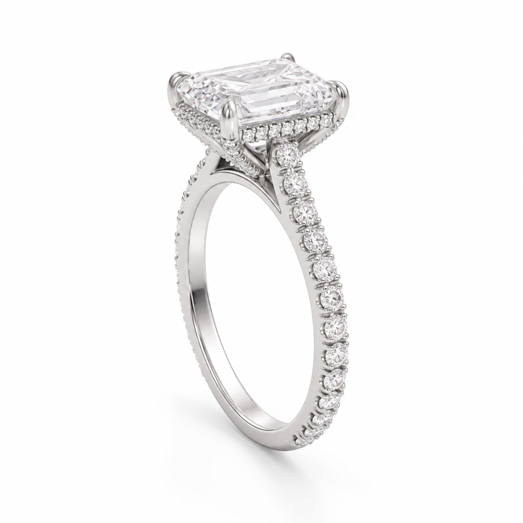 Emerald Pave Cathedral Ring With Diamond Basket
