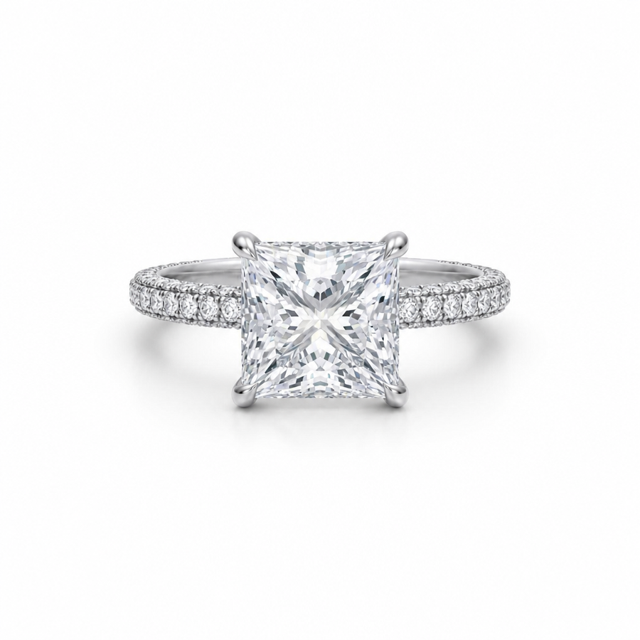 Princess Hidden Halo with Three Row Pave Band