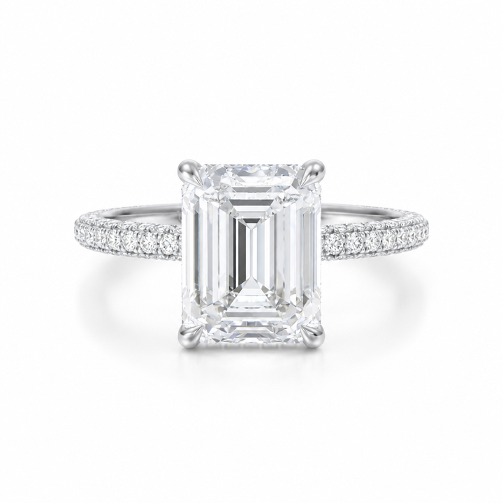 Emerald Diamond Basket With Three Row Pave Ring