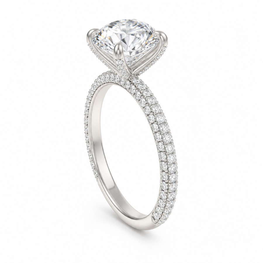 Round Three Row Pave Ring With Pave Prongs