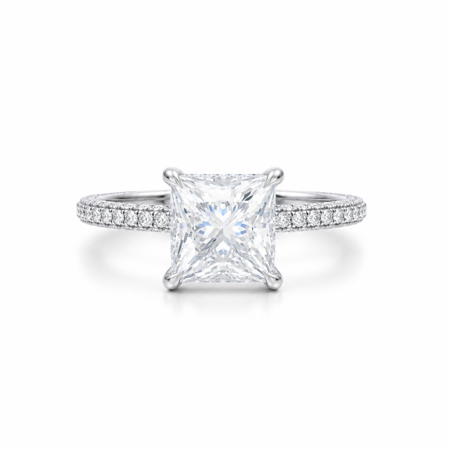 Princess Diamond Basket With Three Row Pave Ring