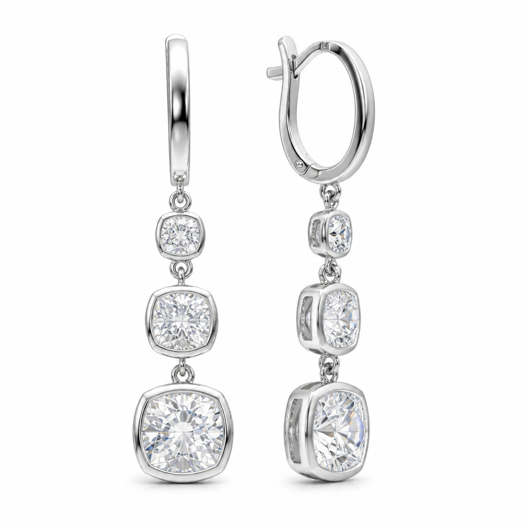 4 Carat Cushion Three Stone Lab Grown Diamond Drop Earrings
