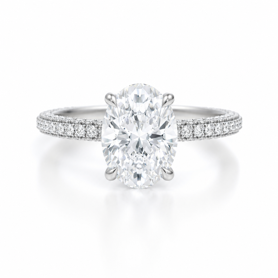 Oval Diamond Basket With Three Row Pave Ring