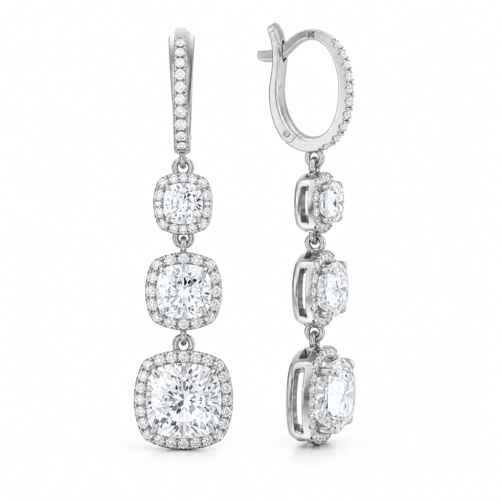 5 Carat Cushion Three Stone Halo Lab Grown Diamond Drop Earrings