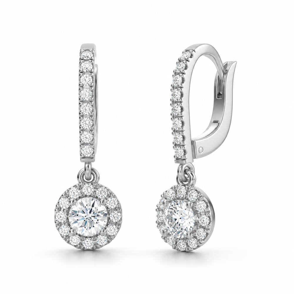 Round halo lab-grown diamond drop earrings in 14K gold