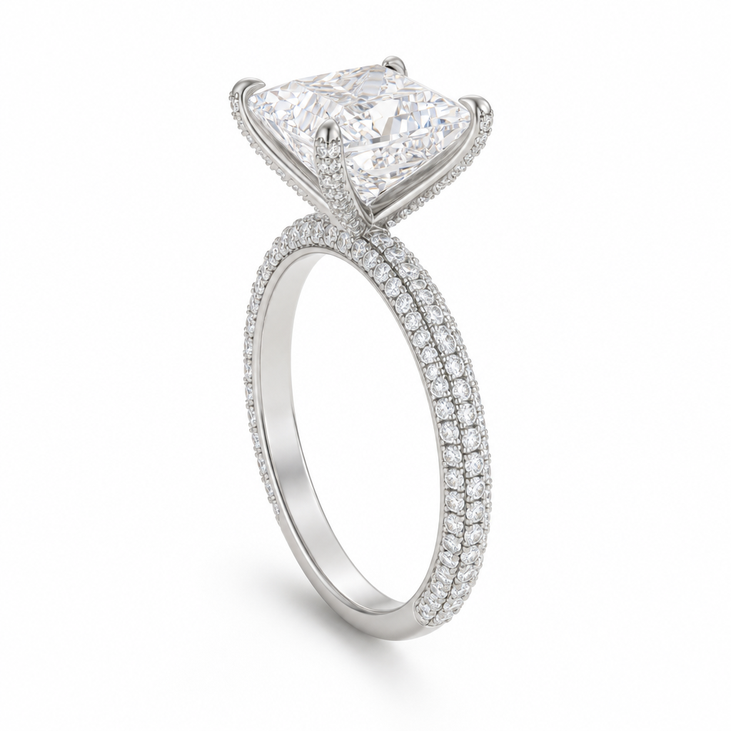 Princess Three Row Pave Ring With Pave Prongs