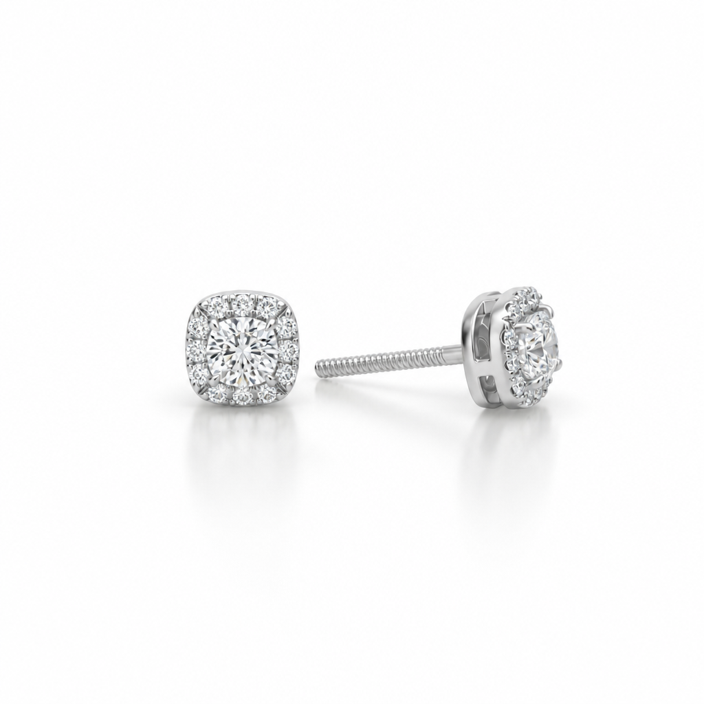 Lab Grown Cushion Halo Diamond Stud Earrings