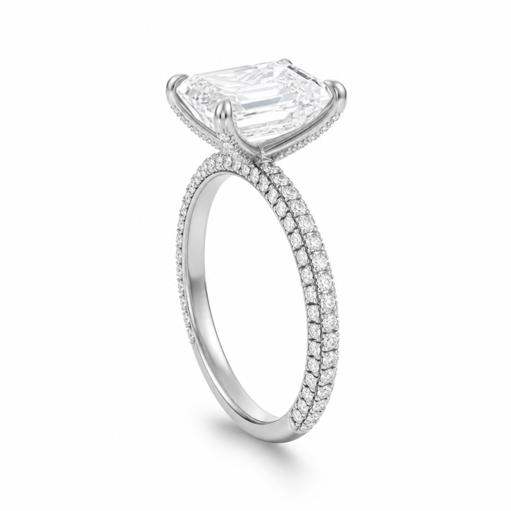 Emerald Three Row Pave Ring With Pave Prongs