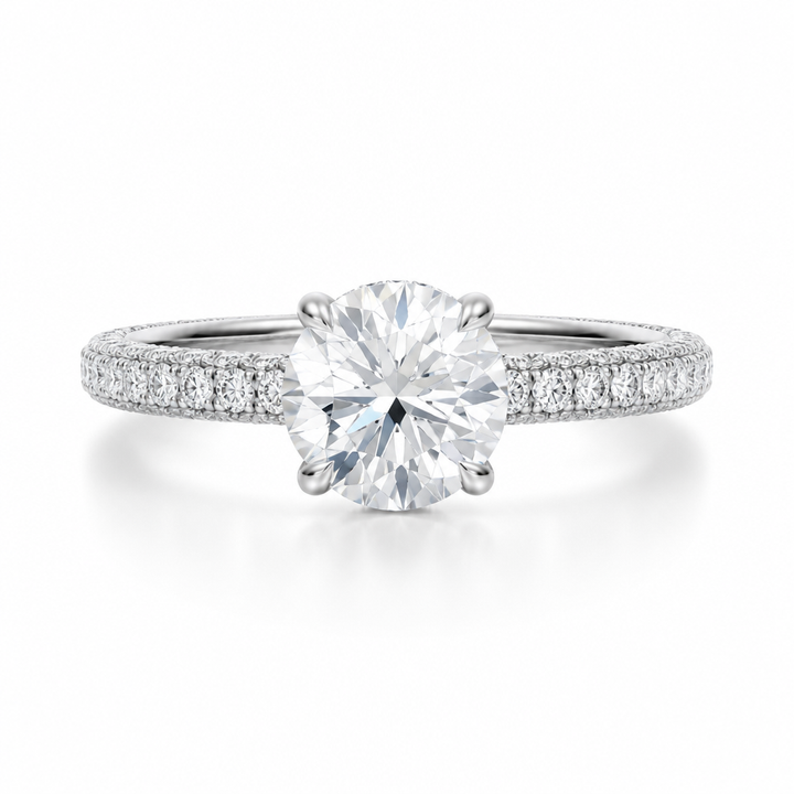Round Hidden Halo with Three Row Pave Band