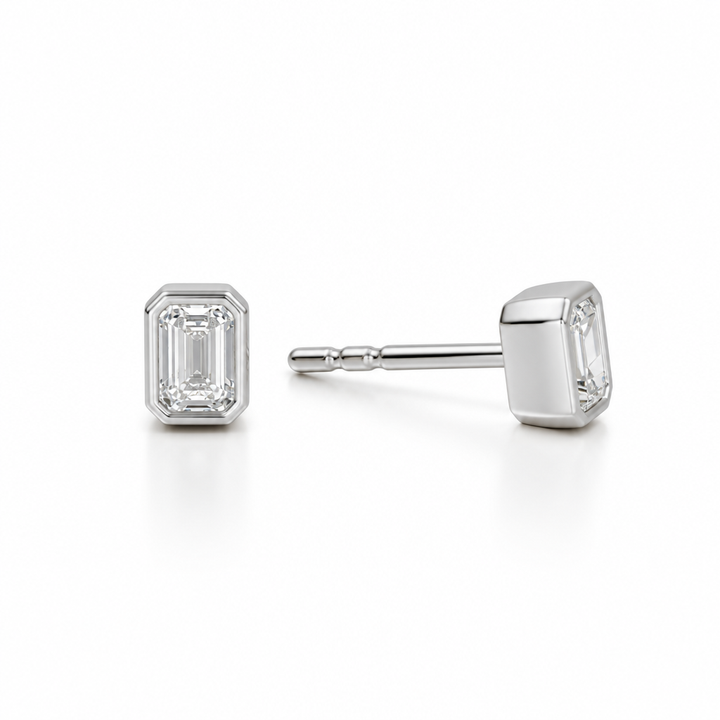 Emerald Bezel Stud Lab Grown Diamond Earrings
