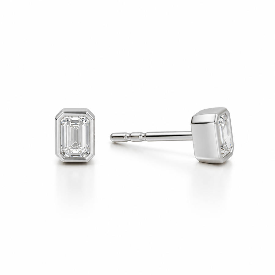 Emerald Bezel Stud Lab Grown Diamond Earrings