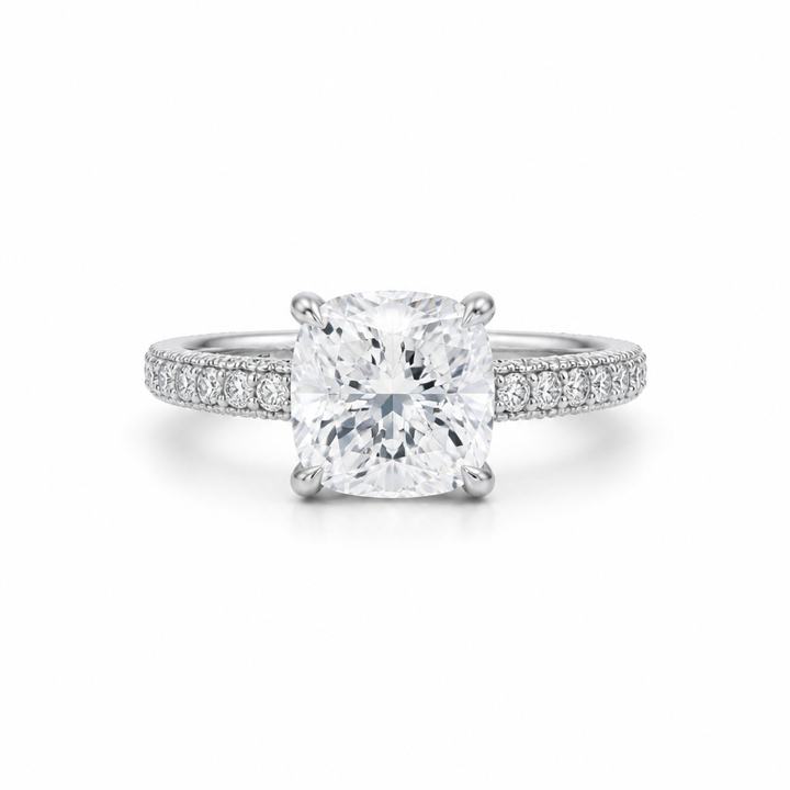 Cushion Hidden Halo With Three Row Pave Band