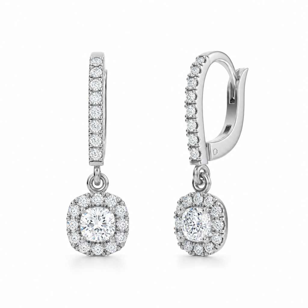 Cushion Halo Drop Earrings