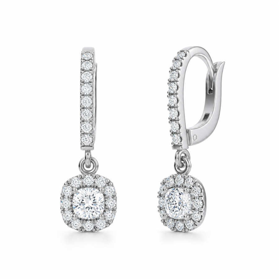 Cushion Halo Drop Earrings