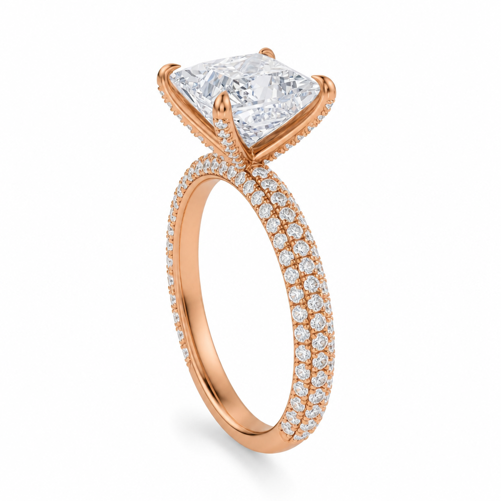 Princess Three Row Pave Ring With Pave Prongs