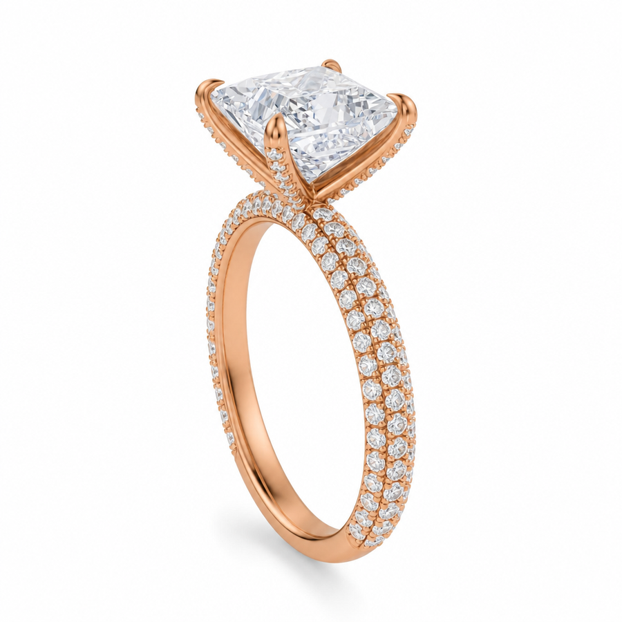 Princess Three Row Pave Ring With Pave Prongs