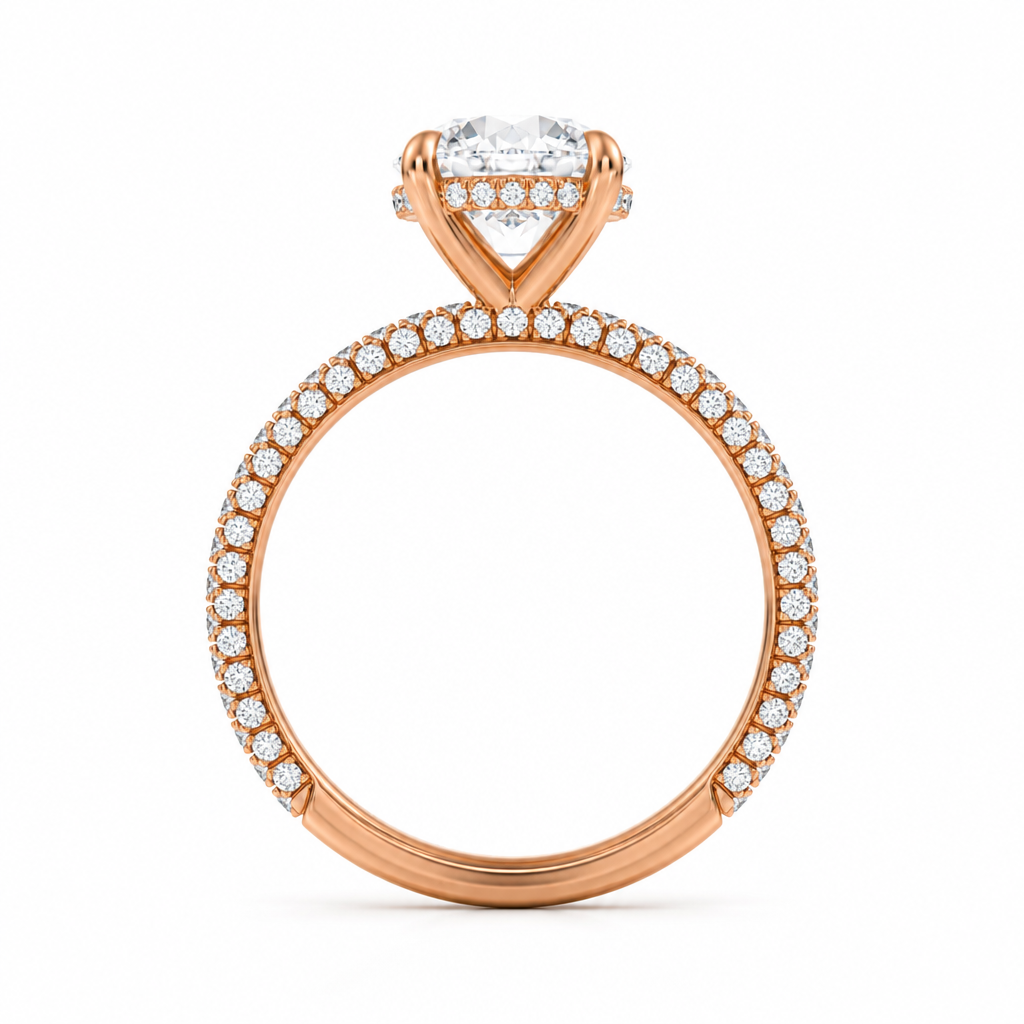 Round Hidden Halo with Three Row Pave Band