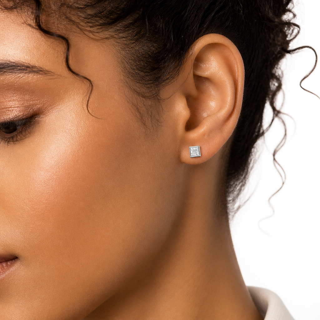 Princess Cut Bezel Stud Lab Grown Diamond Earrings