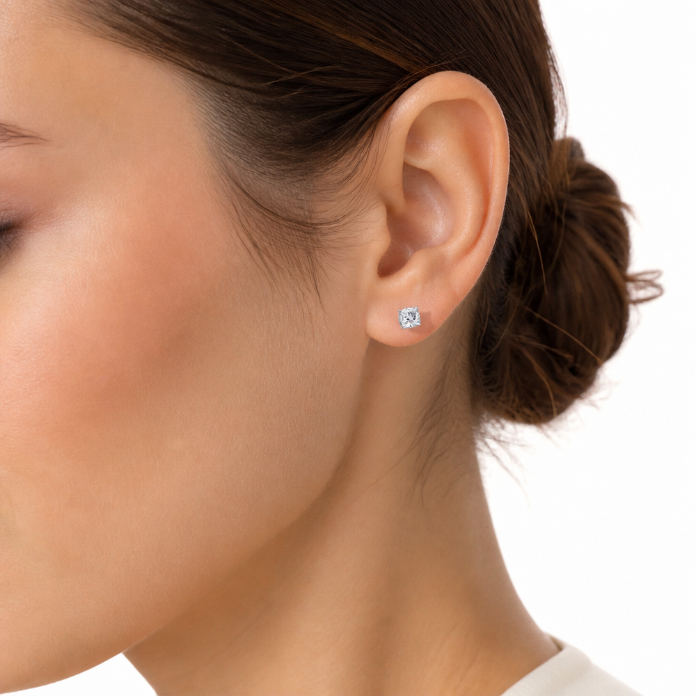 Cushion cut lab-grown diamond stud earrings in 14K gold