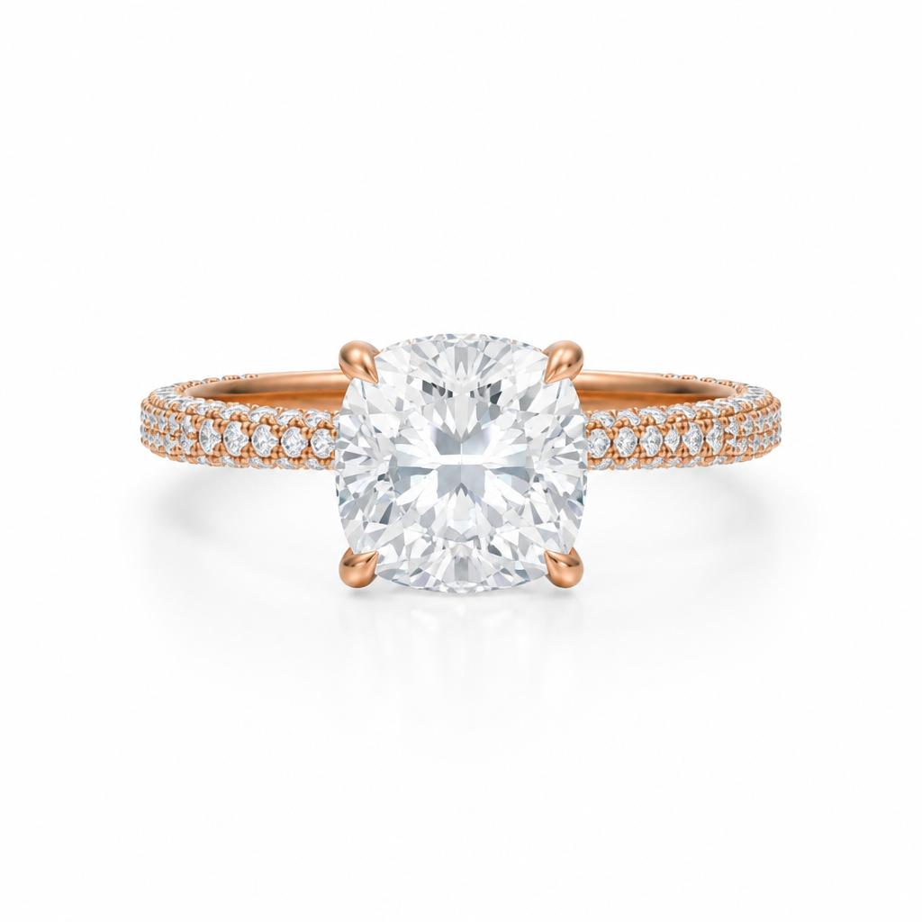 Cushion Hidden Halo With Three Row Pave Band