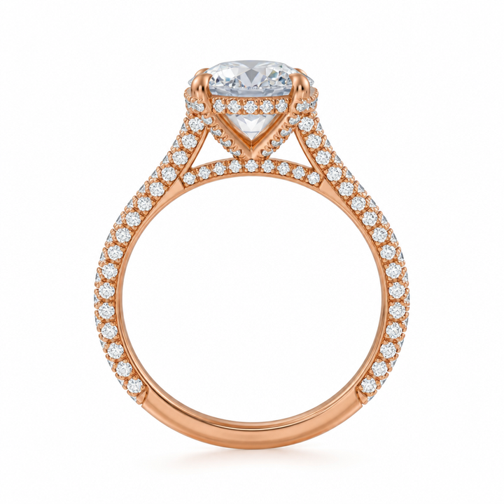 Round Three Row Pave Cathedral Ring With Diamond Basket