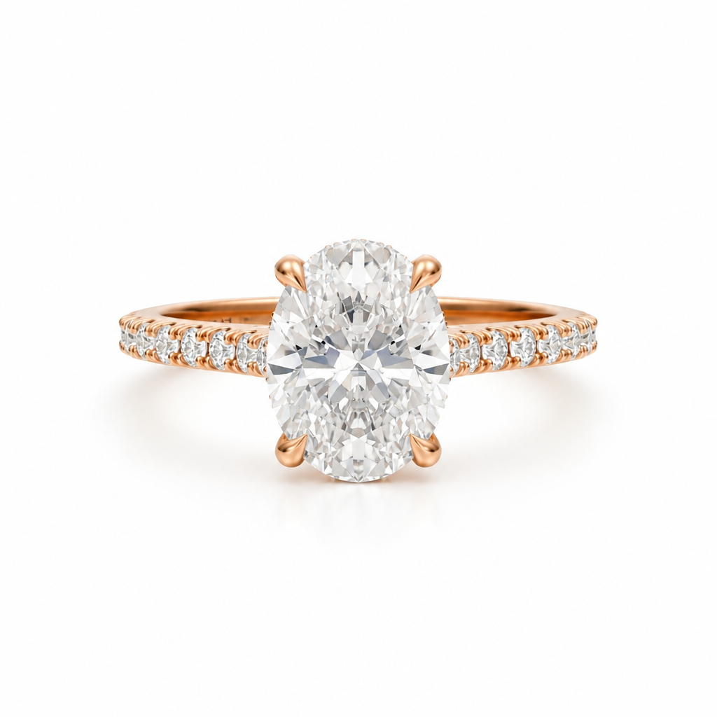 Oval Pave Cathedral Ring With Diamond Basket