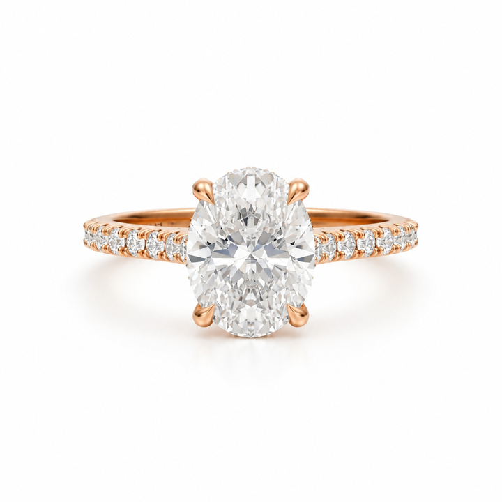 Oval Pave Cathedral Ring With Diamond Basket