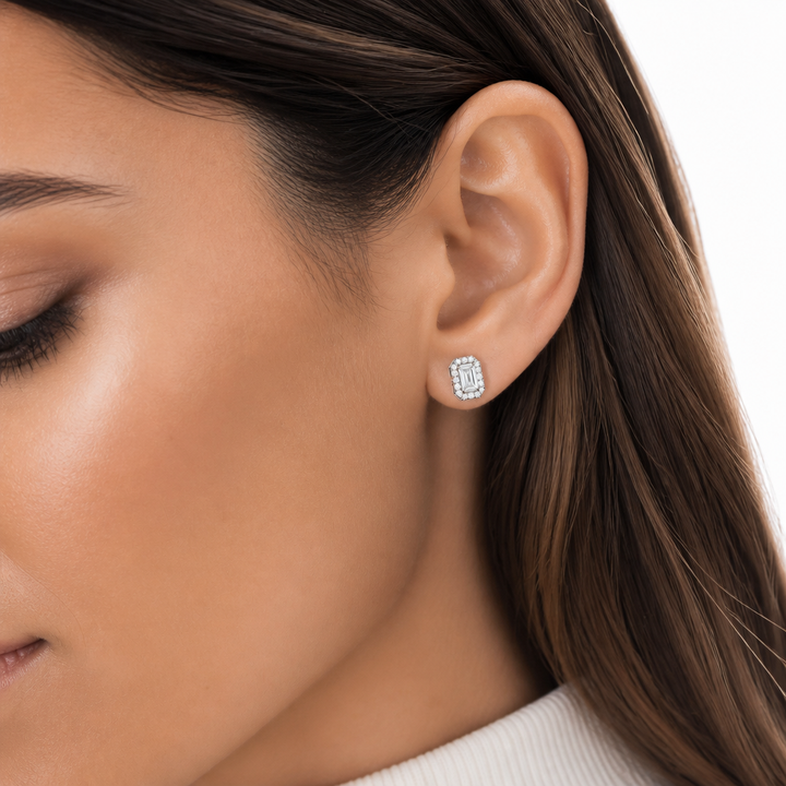 Lab Grown Diamond Emerald Halo Stud Earrings