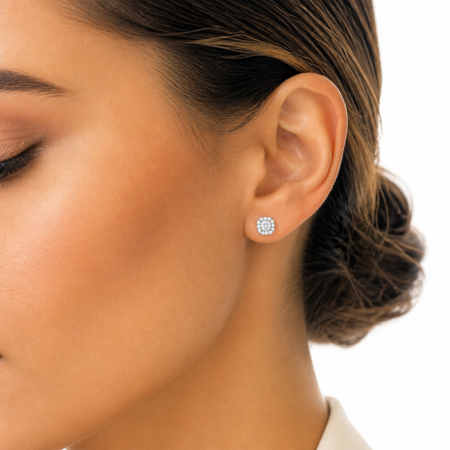 Lab Grown Cushion Halo Diamond Stud Earrings