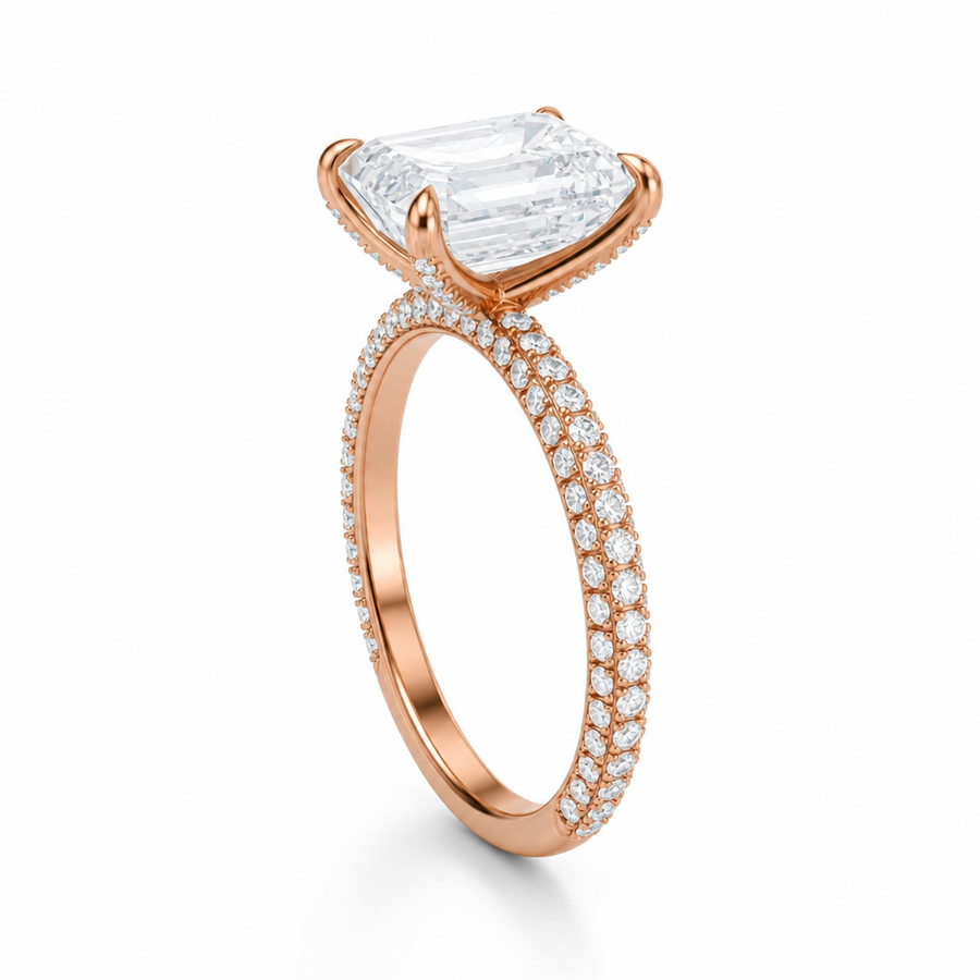 Emerald Three Row Pave Ring With Pave Prongs