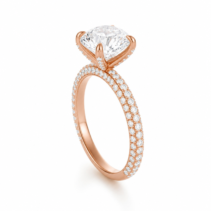 Round Three Row Pave Ring With Pave Prongs